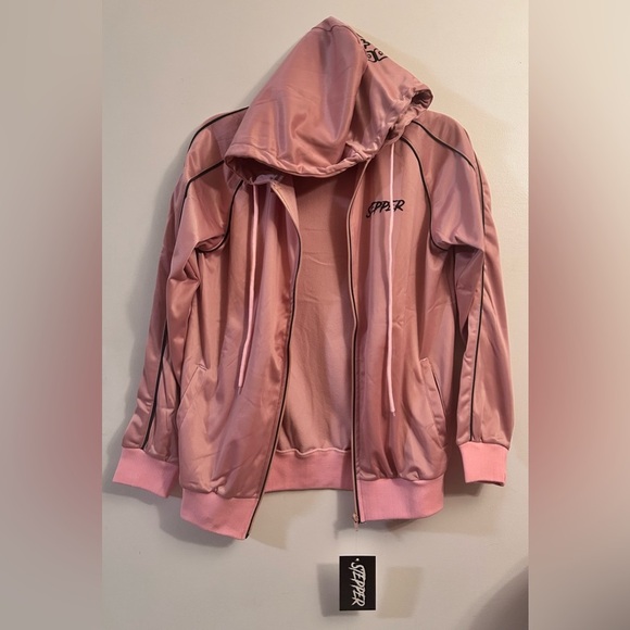 Stepper Full Zip Hooded Track Jacket Pink Brown “Foot On Neck” Size Large - Picture 4 of 10